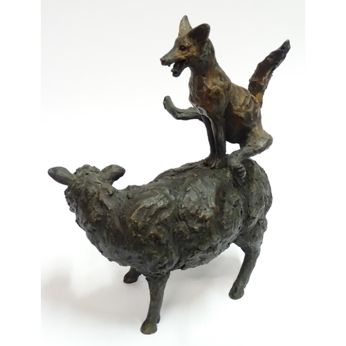 79 - Suzie Marsh, 2005, Copper and Bronze resin sculpture, 'Leapfrogging Fox' a fox leapfrogs a standing ... 