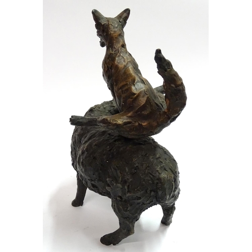 79 - Suzie Marsh, 2005, Copper and Bronze resin sculpture, 'Leapfrogging Fox' a fox leapfrogs a standing ... 