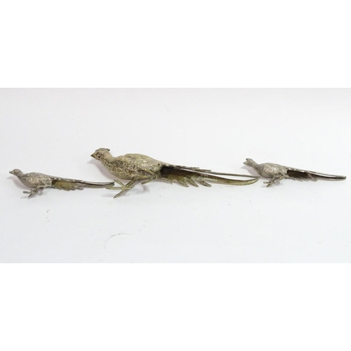 87 - A silverplate peacock place card holder, 8 3/4'' long. Together with a pair of smaller silver plate ... 