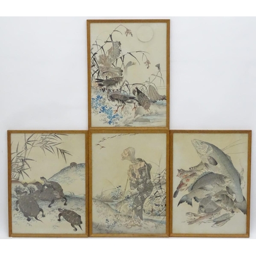 593 - Oriental School, XIX-XX, Hand coloured prints, x4, Three geese on a floral bank, Five tortoises in l... 