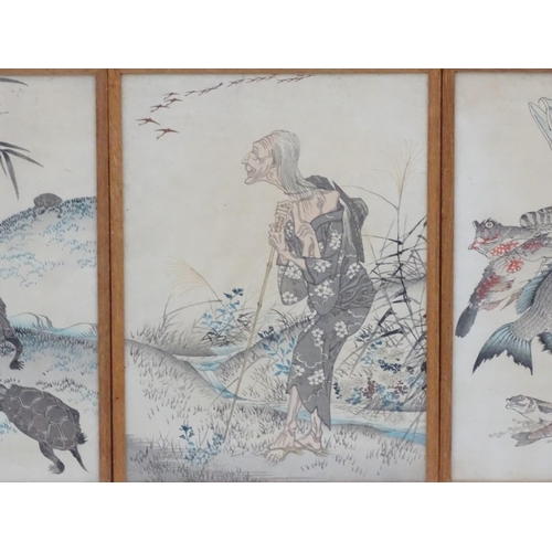 593 - Oriental School, XIX-XX, Hand coloured prints, x4, Three geese on a floral bank, Five tortoises in l... 