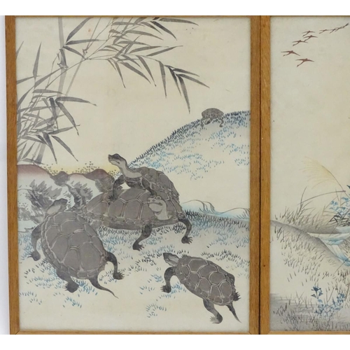 593 - Oriental School, XIX-XX, Hand coloured prints, x4, Three geese on a floral bank, Five tortoises in l... 