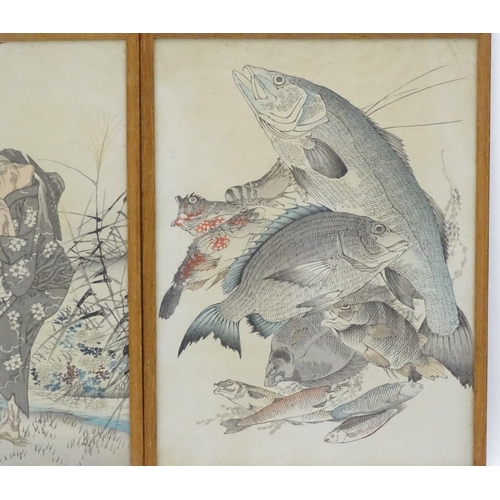 593 - Oriental School, XIX-XX, Hand coloured prints, x4, Three geese on a floral bank, Five tortoises in l... 