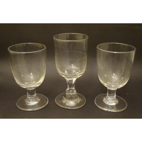 120 - Three assorted Georgian rummer pedestal drinking glasses, the tallest 5 7/8'' with a cut hexagonal s... 
