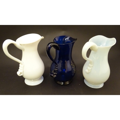 123 - Assorted 19thC glass ware including a Bristol Blue bream jug titiled ' Love and be Happy'  toegther ... 