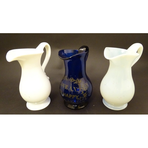 123 - Assorted 19thC glass ware including a Bristol Blue bream jug titiled ' Love and be Happy'  toegther ... 
