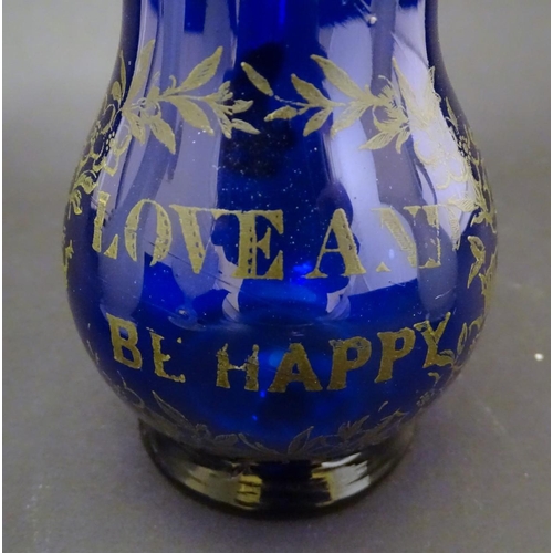 123 - Assorted 19thC glass ware including a Bristol Blue bream jug titiled ' Love and be Happy'  toegther ... 