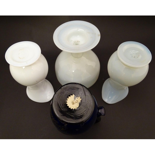 123 - Assorted 19thC glass ware including a Bristol Blue bream jug titiled ' Love and be Happy'  toegther ... 
