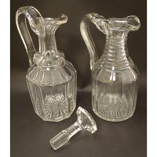 132 - Three assorted 19thC glass claret jugs, one with silver plate mounts. Tallest approx. 11 1/4'' high ... 
