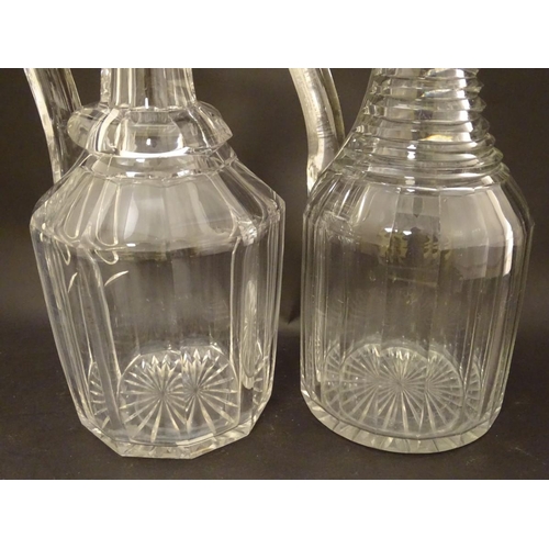 132 - Three assorted 19thC glass claret jugs, one with silver plate mounts. Tallest approx. 11 1/4'' high ... 