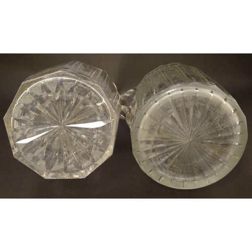 132 - Three assorted 19thC glass claret jugs, one with silver plate mounts. Tallest approx. 11 1/4'' high ... 