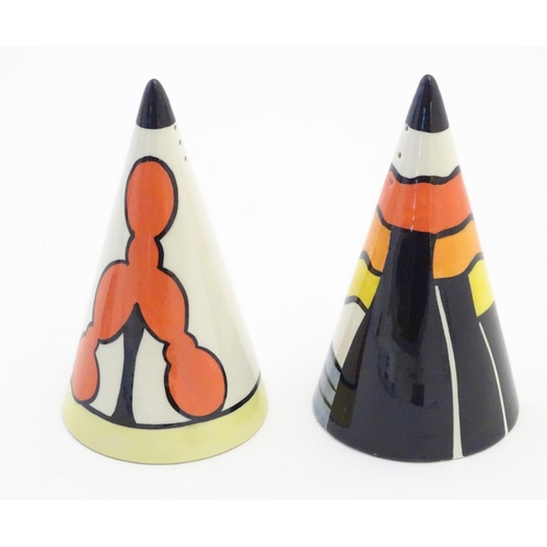 91 - Two Lorna Bailey sugar shakers / salt and pepper shakers of conical form, one in the pattern Inglewo... 