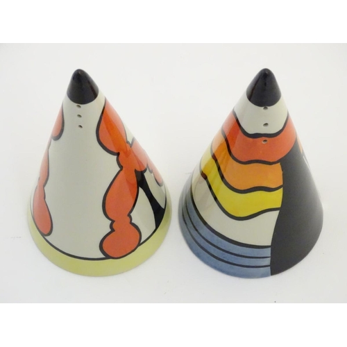 91 - Two Lorna Bailey sugar shakers / salt and pepper shakers of conical form, one in the pattern Inglewo... 