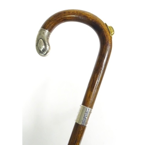197A - A 20thC race-goer's peacock wood walking stick / cane with pencil insert to handle and silver mounts... 