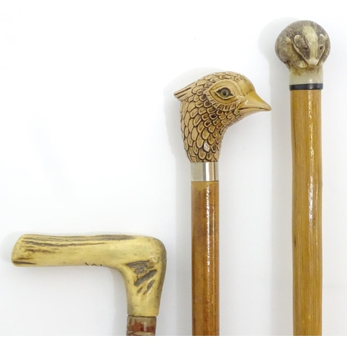 198A - Three late 20thC sticks / canes, comprising an antler handled example, one with the handle formed as... 