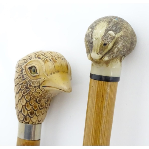 198A - Three late 20thC sticks / canes, comprising an antler handled example, one with the handle formed as... 