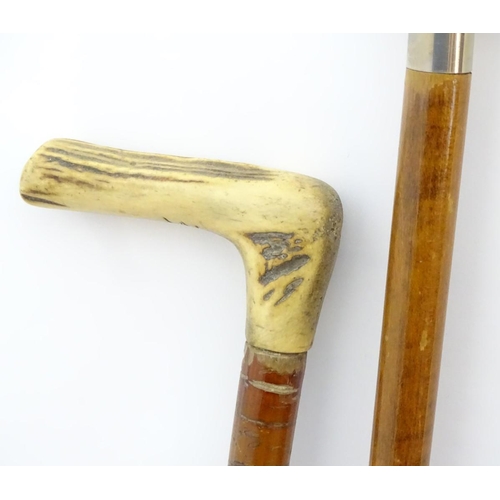 198A - Three late 20thC sticks / canes, comprising an antler handled example, one with the handle formed as... 