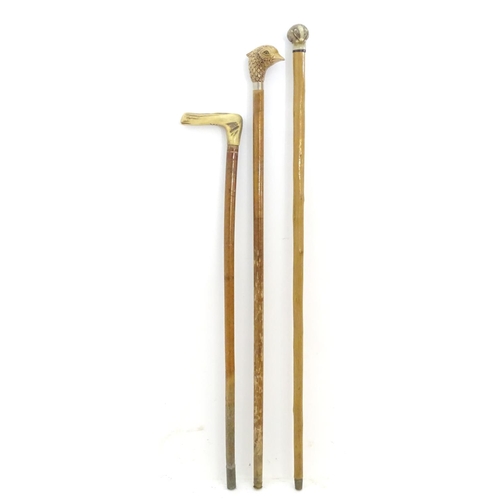 198A - Three late 20thC sticks / canes, comprising an antler handled example, one with the handle formed as... 