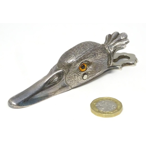 220 - A Novelty silver plate letter / paper clip formed as a duck head 5'' long