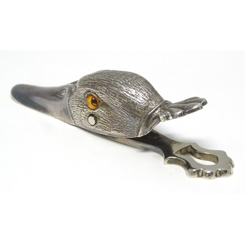 220 - A Novelty silver plate letter / paper clip formed as a duck head 5'' long