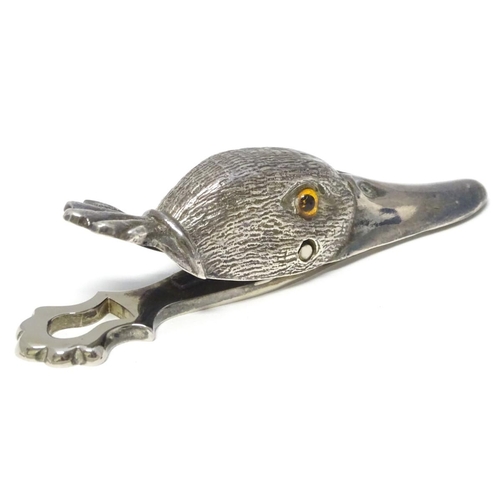 220 - A Novelty silver plate letter / paper clip formed as a duck head 5'' long
