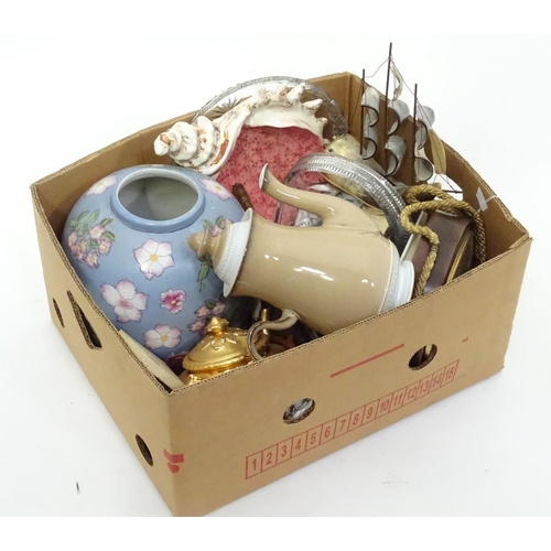 186 - A box of miscellaneous to include glassware and ceramics, to include a large Denby teapot, and an or... 