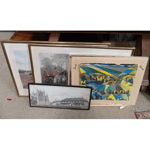 187 - Two Herring fox hunting scenes prints, together with an abstract painting and a monochrome print of ... 