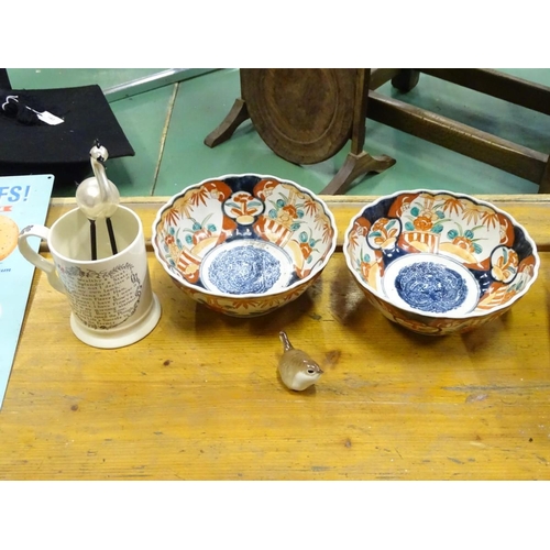 196 - An assortment of ceramics, to include an Adam's Farmer's Arms mug, 2 Imari bowls, a miniature wren a... 