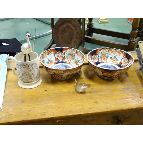 196 - An assortment of ceramics, to include an Adam's Farmer's Arms mug, 2 Imari bowls, a miniature wren a... 