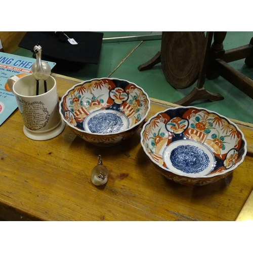 196 - An assortment of ceramics, to include an Adam's Farmer's Arms mug, 2 Imari bowls, a miniature wren a... 