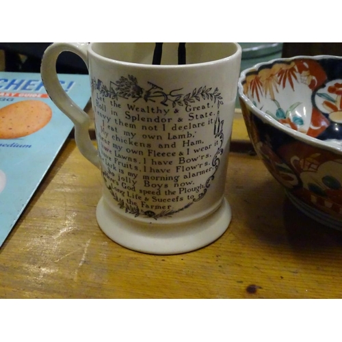 196 - An assortment of ceramics, to include an Adam's Farmer's Arms mug, 2 Imari bowls, a miniature wren a... 