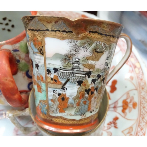 202 - A large quantity of assorted, hand painted Japanese eggshell tea wares, decoration to include a moun... 