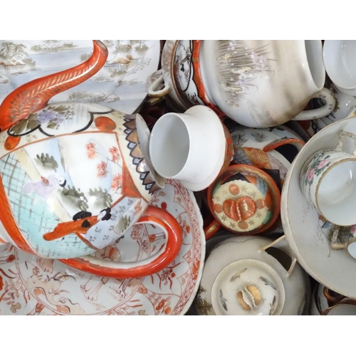 202 - A large quantity of assorted, hand painted Japanese eggshell tea wares, decoration to include a moun... 