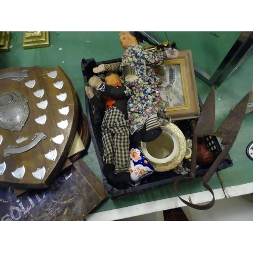205 - A quantity of miscellaneous to include a shield, two vintage dolls, ceramics etc.