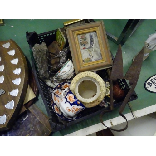 205 - A quantity of miscellaneous to include a shield, two vintage dolls, ceramics etc.