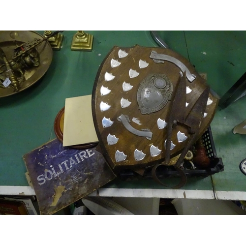 205 - A quantity of miscellaneous to include a shield, two vintage dolls, ceramics etc.