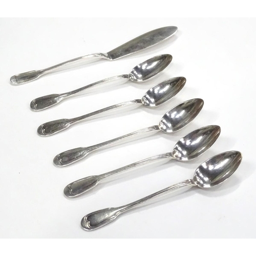 241 - Five white metal fiddle pattern teaspoons together with a matching butterknife