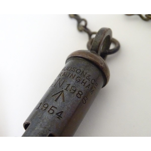 265 - Militaria: a post-WWII Military Policeman's whistle and chain by J. Hudson & Co, Birmingham, stamped... 
