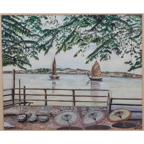 280 - J G Heath, mid XX,  Watercolour and gouache,  East Asian river with boats.  Together with  Nora McCr... 