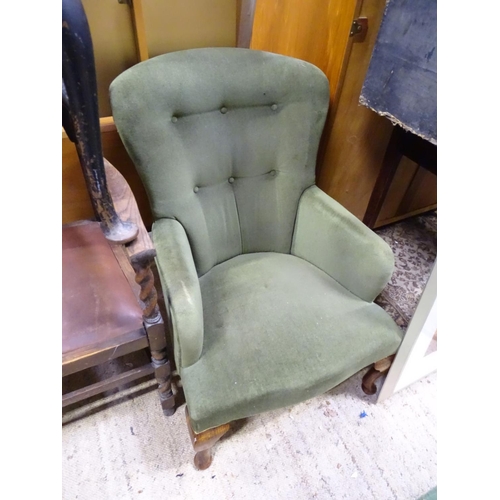 344 - Five assorted chairs to include a Lloyd Loom style chair, a green velvet upholstered armchair togeth... 