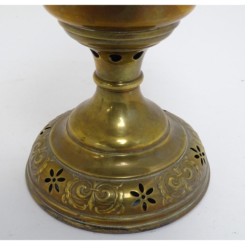 A Belgian c1930s Lempereur & Bernard oil lamp, the brass stand decorated  with floral motifs and fleu