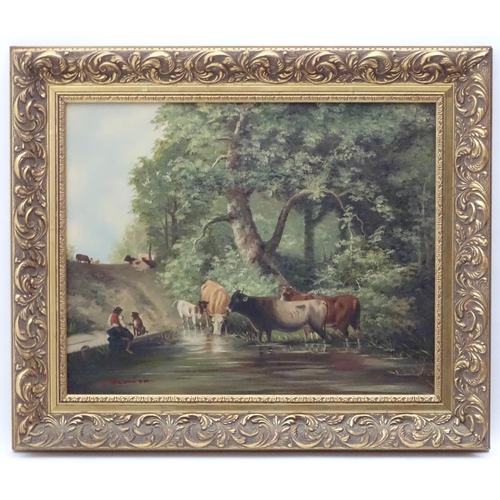 58 - R. Harrison,  Oil on board,  The Shading Watering Place,  A scene depicting cattle watering near woo... 