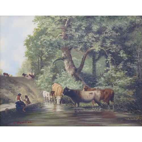 58 - R. Harrison,  Oil on board,  The Shading Watering Place,  A scene depicting cattle watering near woo... 