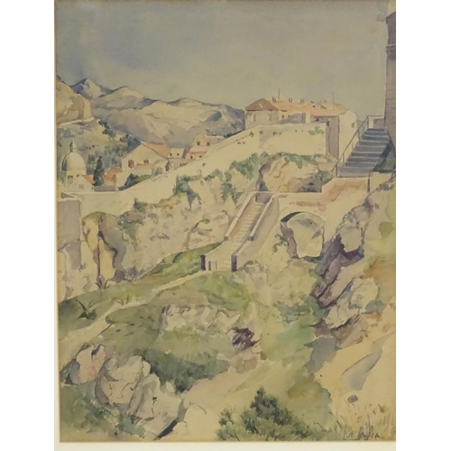 62 - Indistinctly signed R. Raf..., XX,  Watercolour,  A view of a Continental town with mountains beyond... 