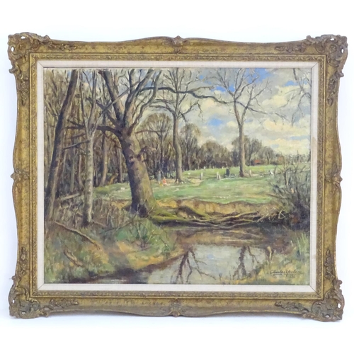 63 - Charles A. Youldon, XX, English School,  Oil on canvas,  A countryside wooded landscape with a strea... 