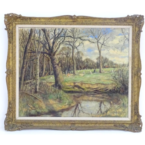 63 - Charles A. Youldon, XX, English School,  Oil on canvas,  A countryside wooded landscape with a strea... 