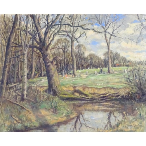 63 - Charles A. Youldon, XX, English School,  Oil on canvas,  A countryside wooded landscape with a strea... 