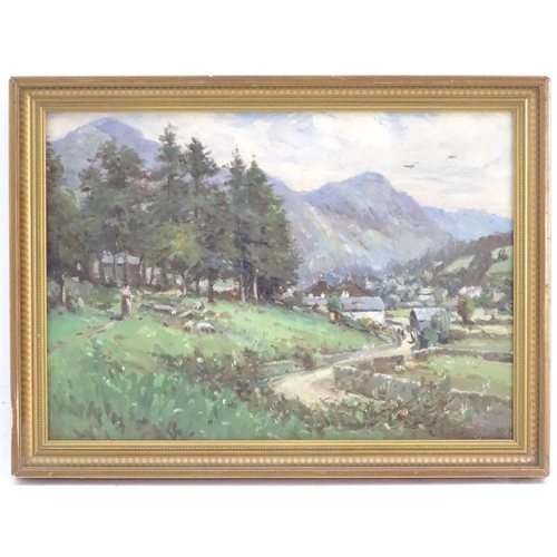 70 - XX, English School,  Oil on canvas,  A countryside scene depicting a village landscape with figures,... 