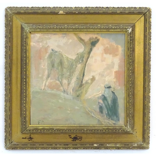 73 - Manner of Frank Brangwyn (1867-1956),  Oil on board,  A stylised Middle Eastern / Arabian landscape ... 