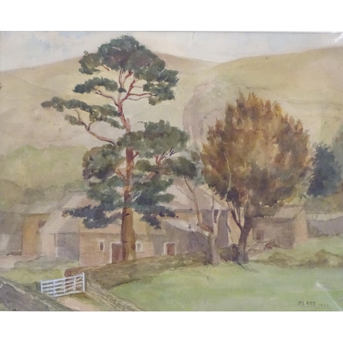 74 - Joyce Platt, XX,  Watercolour,  Study for Creswick,  A farmstead in a landscape with hills beyond. S... 